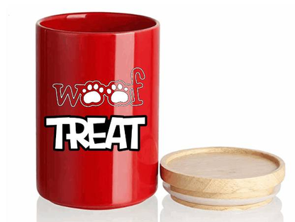 Dog treat jar with "Woof Treat" vinyl decal on red container.