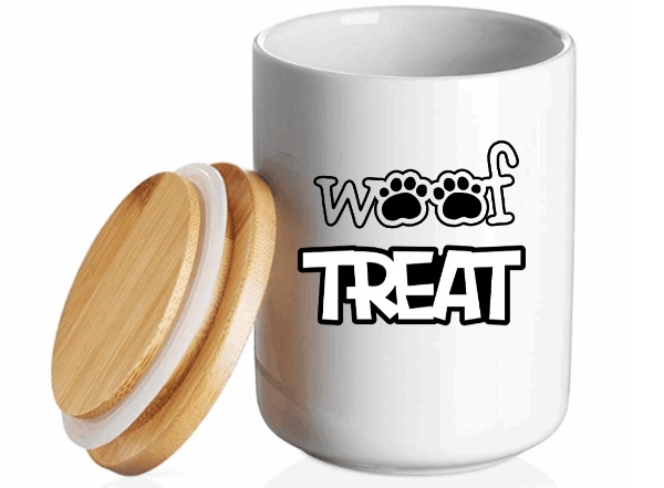 Dog Treats Woof Jar Vinyl Decal on a jar with wooden lid.