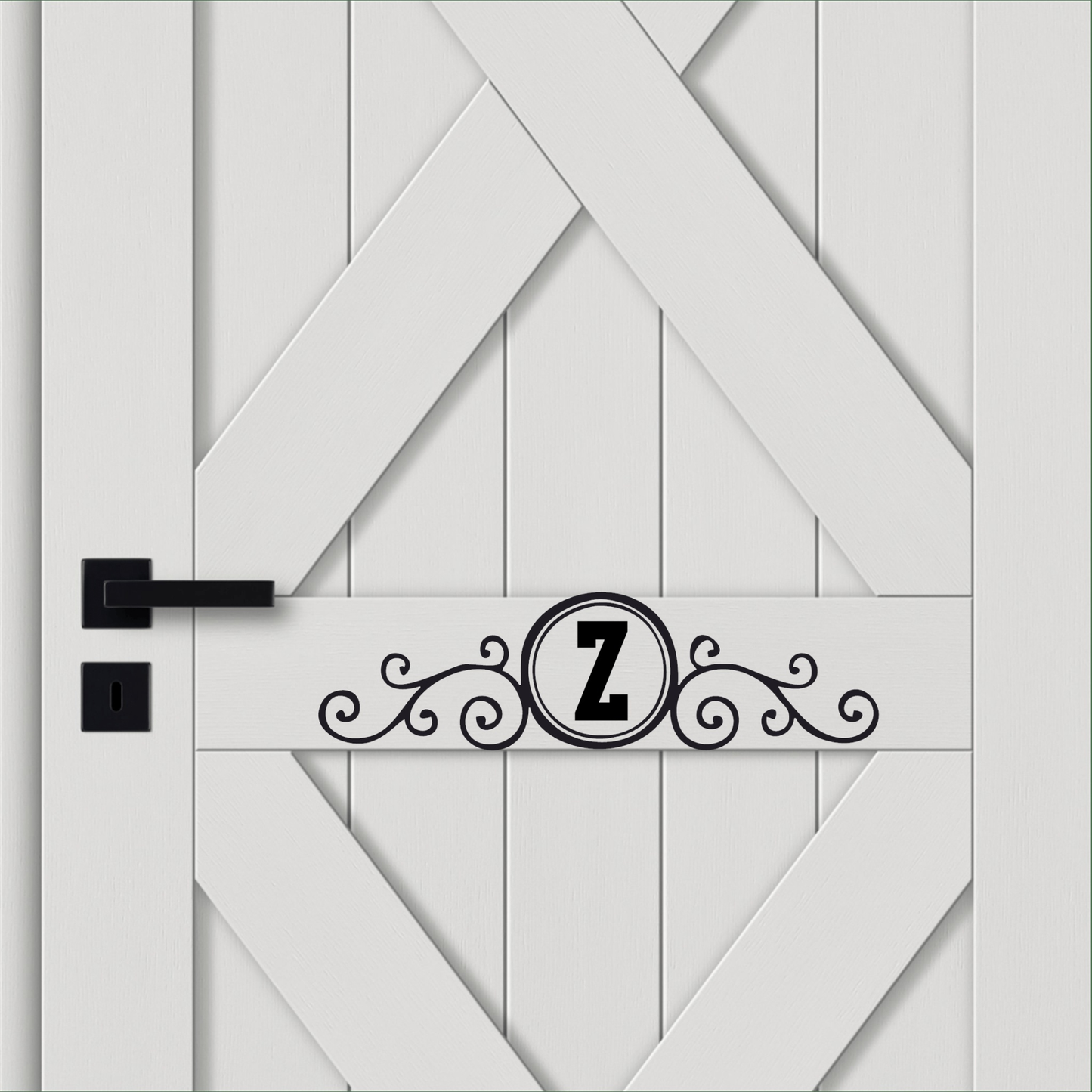 Front door with personalized monogram decal featuring the letter "Z" in black, decorative design, waterproof and fade resistant.