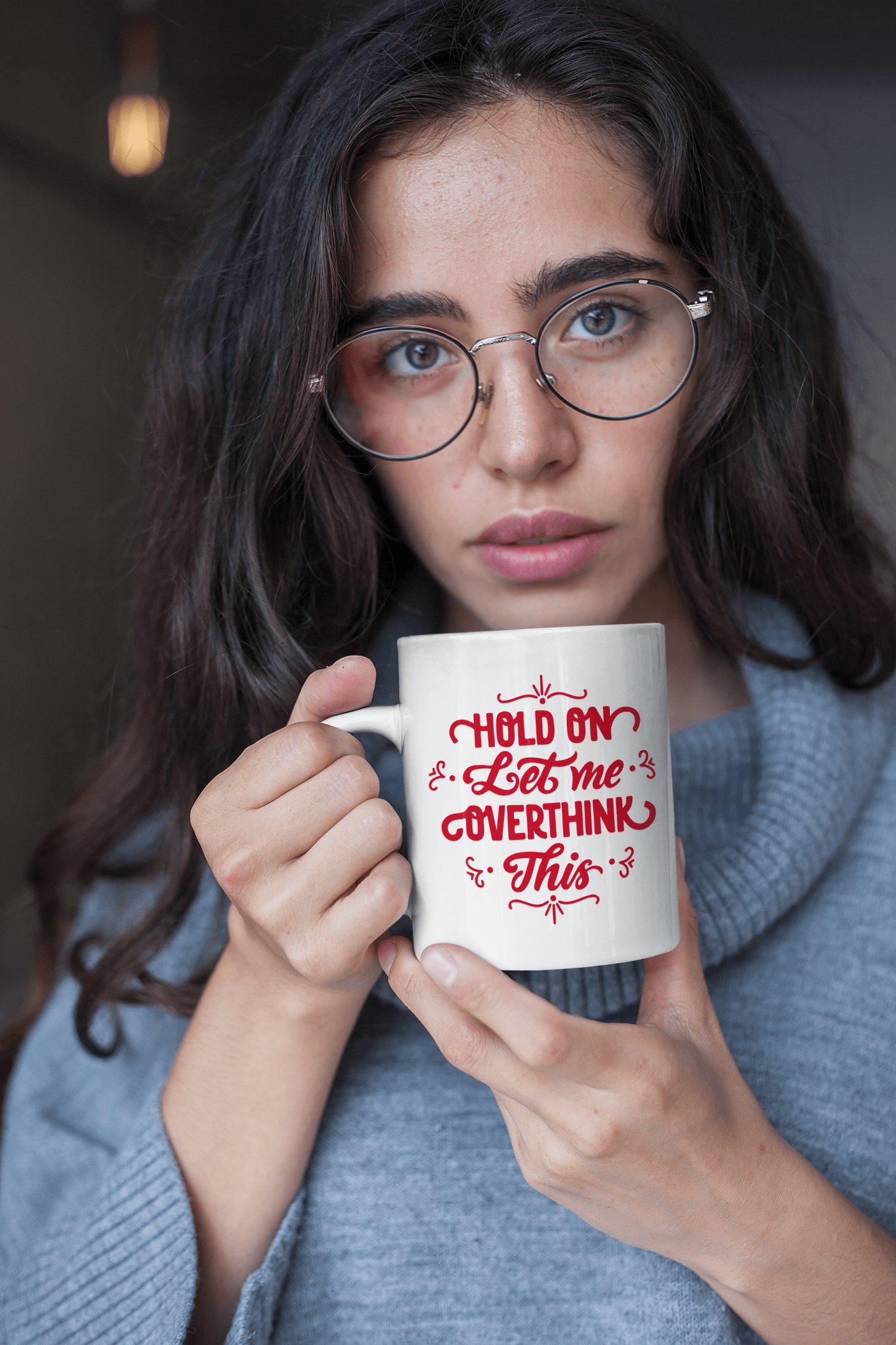 Funny personalized ceramic mug with "Hold on let me overthink this" in red text, available in 11 oz or 15 oz, perfect gift idea.