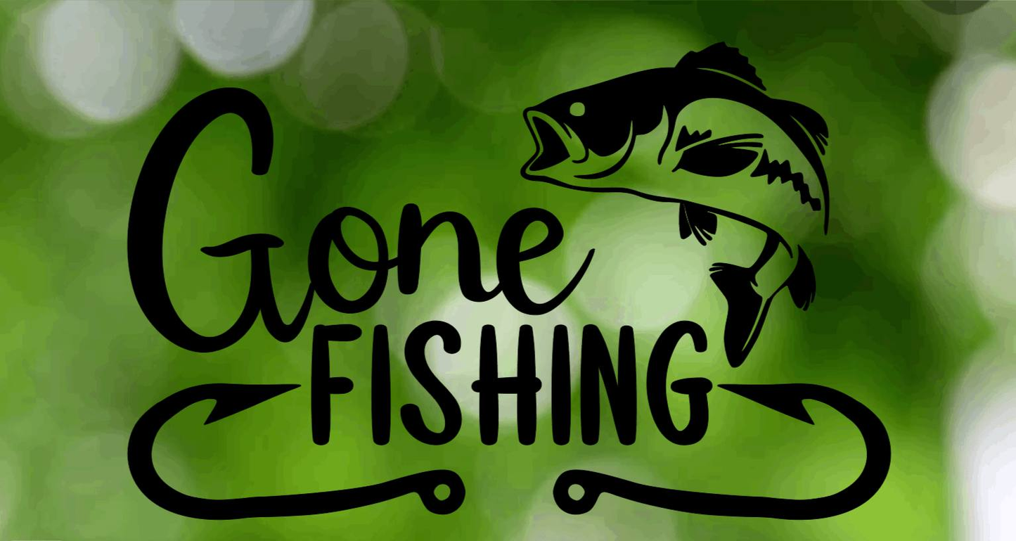 Gone Fishing sticker with fish graphic, perfect vinyl decal for cars, boats, or cabins.