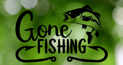 Gone Fishing sticker with fish graphic, perfect vinyl decal for cars, boats, or cabins.