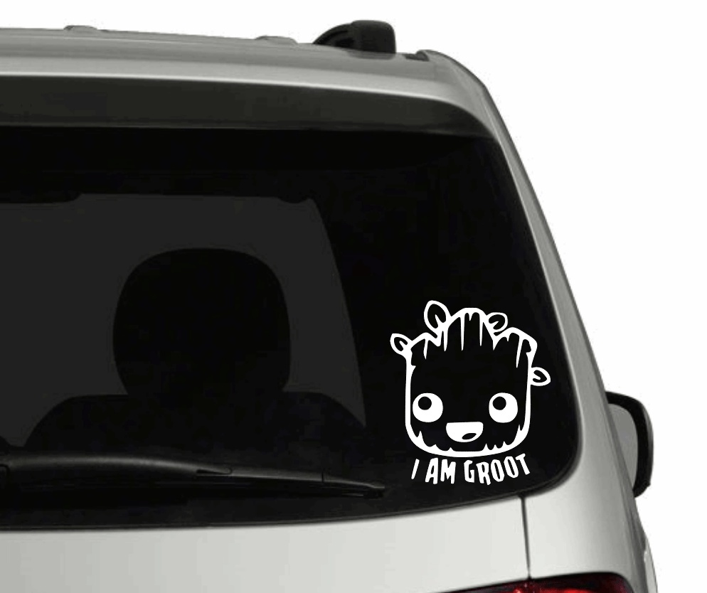 Vinyl decal of Groot on car window, customizable size, made in Canada.