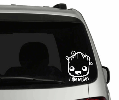 Vinyl decal of Groot on car window, customizable size, made in Canada.