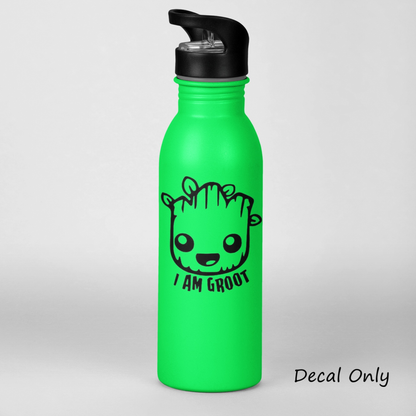 Guardians I am Groot vinyl decal on green water bottle, cute character design.