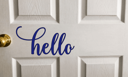 Vinyl door decal with "hello" text on white door.