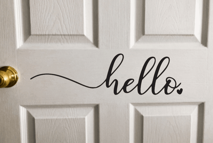 Hello Vinyl Door Decal on a wooden door, perfect for welcoming guests, easy peel and stick application.