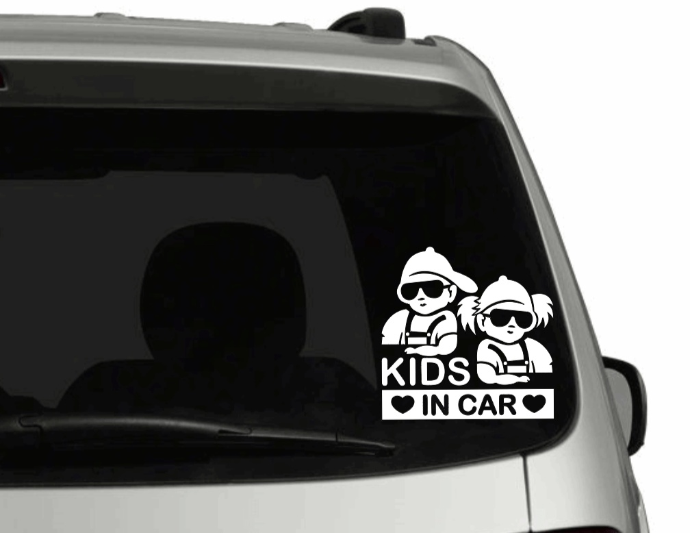 Hip Baby in Car decal on a car window, durable white vinyl, weatherproof for up to 5 years.