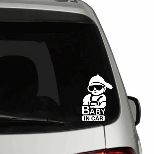 Hip Baby in Car decal displayed on a vehicle window, weatherproof white vinyl.