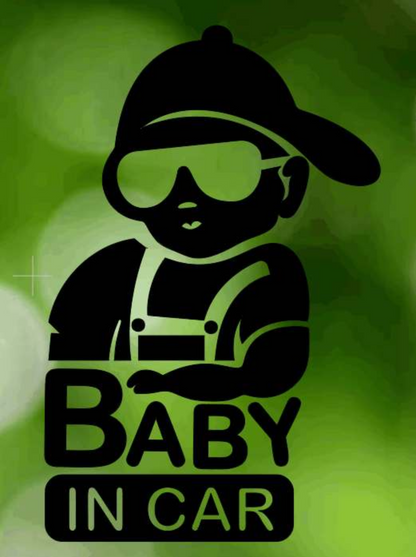 Hip Kids in Car Sticker, black figure of child in sunglasses and cap on green background, durable vinyl, baby on board.