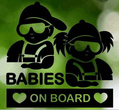 Hip kids on board sticker with two kids in sunglasses; durable white vinyl decal for cars and windows.