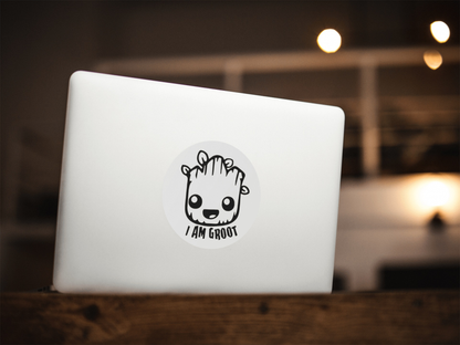 I am Groot vinyl decal on laptop, Guardians themed sticker, customizable size.