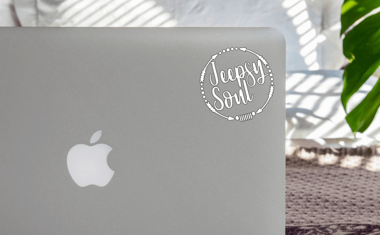 Jeepsy Soul Vinyl Decal on gray laptop, durable outdoor gloss finish.