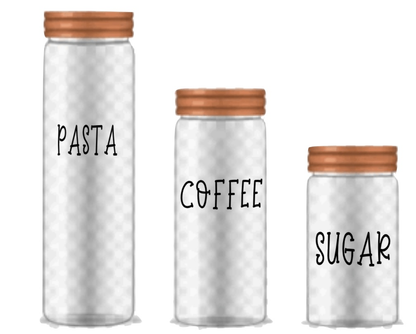 Large custom vinyl decals on jars labeled "Pasta," "Coffee," and "Sugar" with wooden lids.