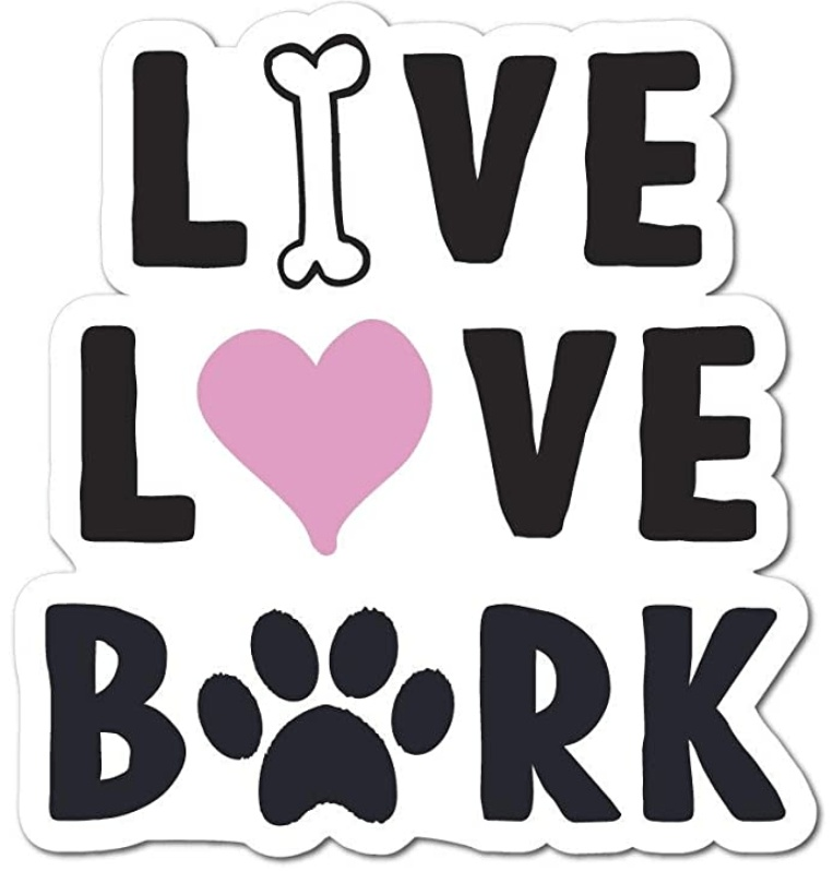 Live Love Bark vinyl dog decal with bone, heart, and paw prints design, weather-resistant and durable for various surfaces.