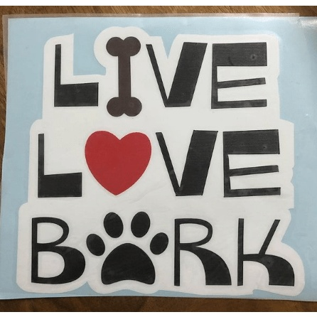 Live Love Bark dog sticker with heart and paw design, vinyl decal for vehicles and smooth surfaces.