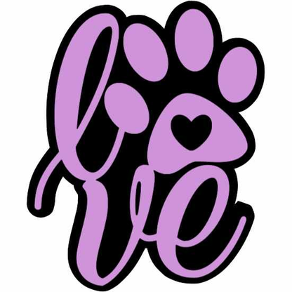 Love Dog Paw Monogram Decal in purple vinyl with heart, customizable color options.