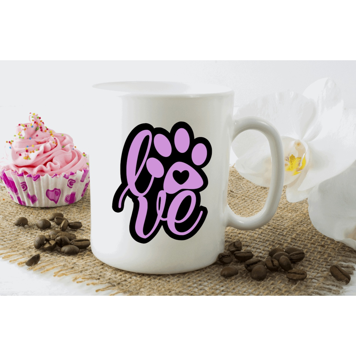 Love Dog Paw Monogram Decal on Coffee Mug with Pink Cupcake and Coffee Beans