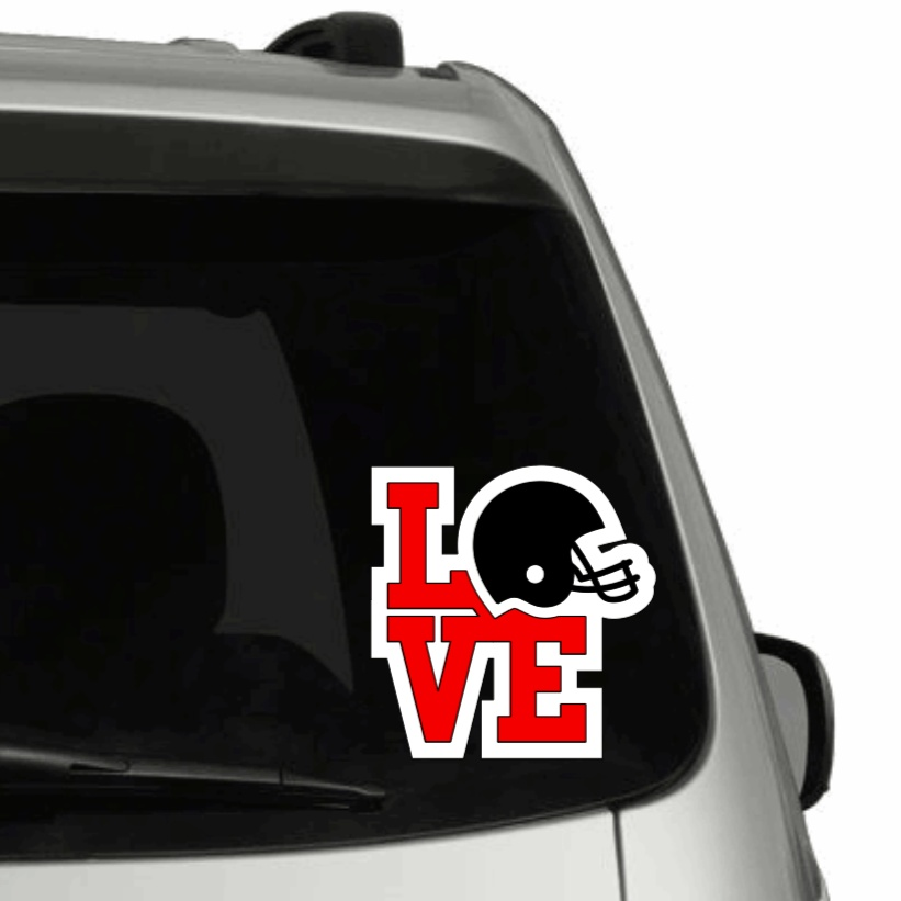 Love Football with Helmet Vinyl Car Decal on rear vehicle window.