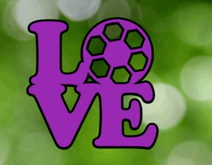 Purple "Love" soccer vinyl decal on green background, featuring a soccer ball as the letter "O".