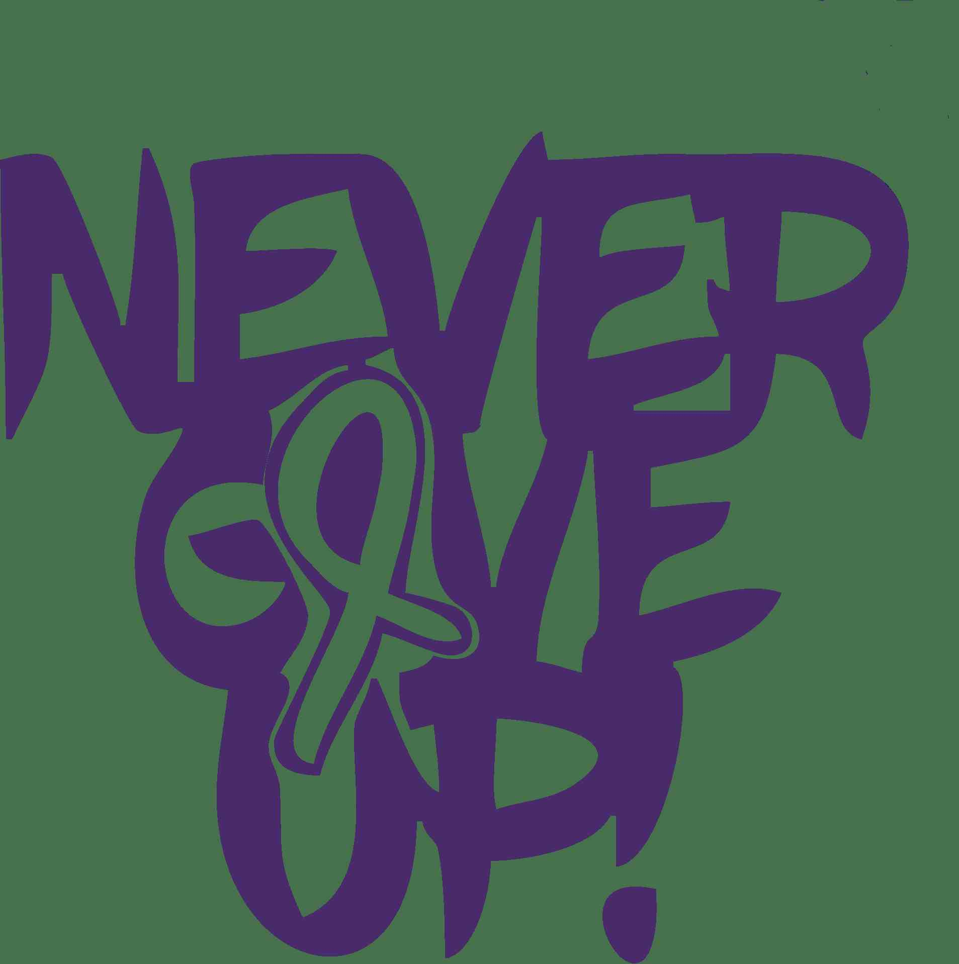 Never Give Up cancer ribbon vinyl decal, inspirational message, durable and weather-resistant.