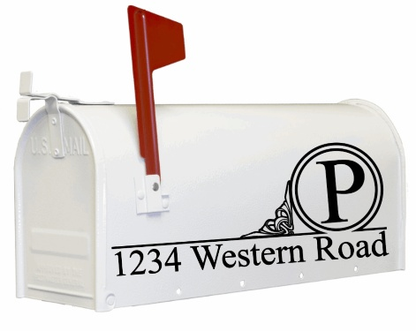 Personalized mailbox with house number and vinyl decal design.