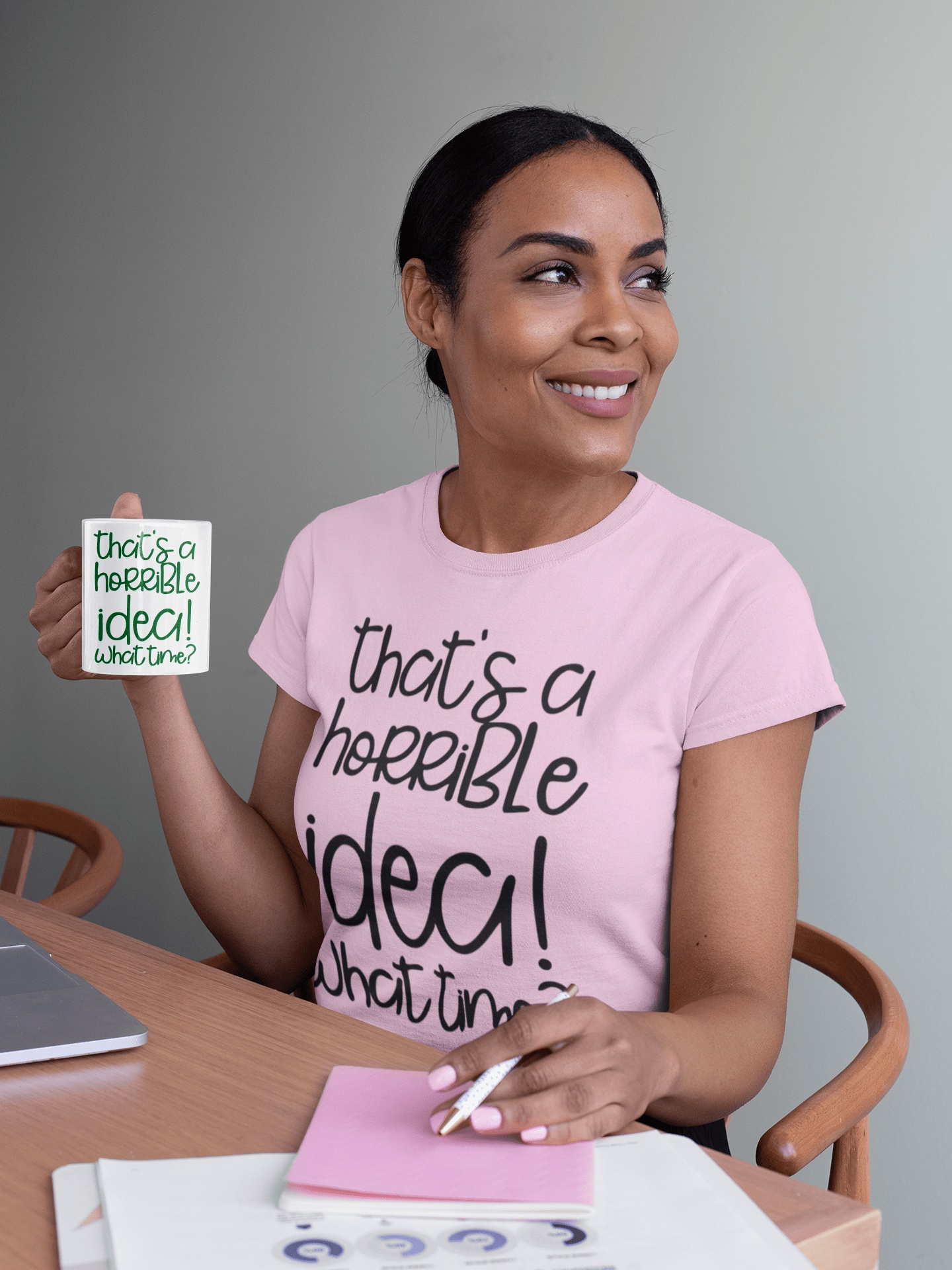 Funny ceramic mug with "That's a Horrible Idea, What Time" saying, perfect for gifts.