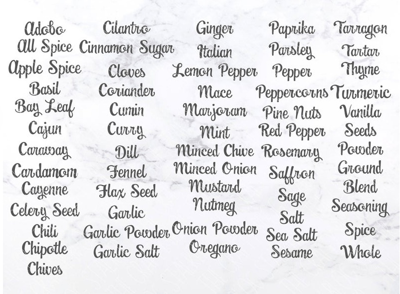 Custom vinyl decals for pantry spice jars on marble background, various spice names in elegant font.
