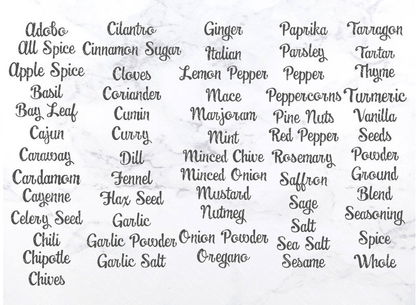 Custom vinyl decals for pantry spice jars on marble background, various spice names in elegant font.