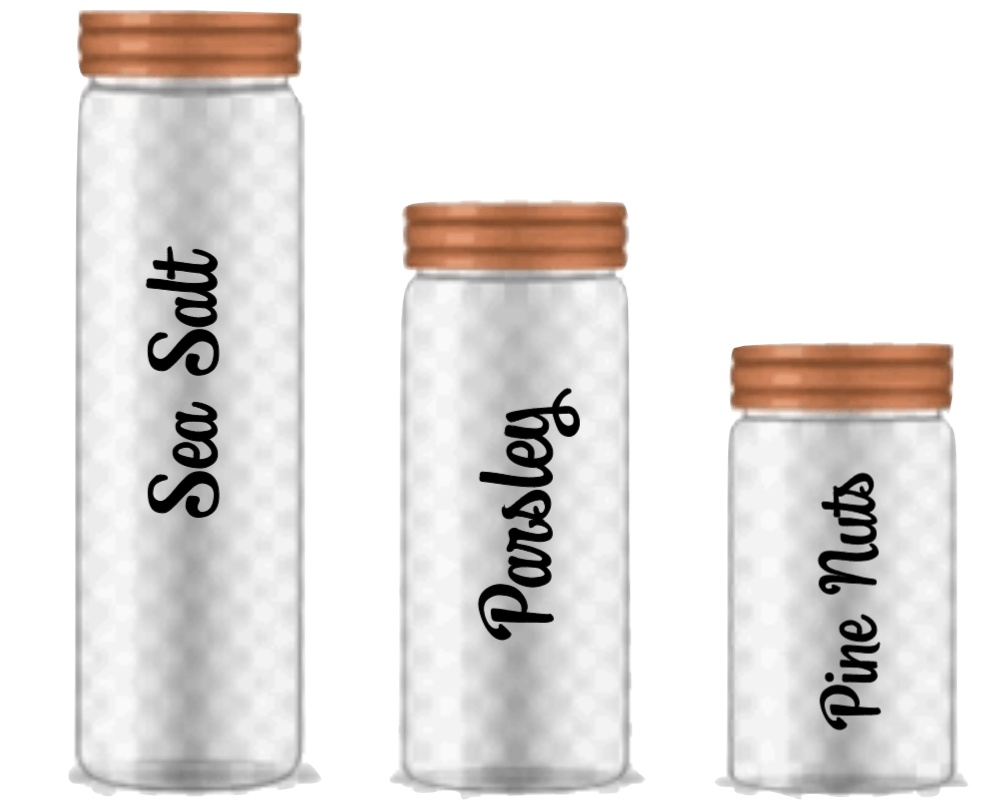 Custom vinyl decals for spice jars with "Sea Salt," "Parsley," and "Pine Nuts" labels in black font.