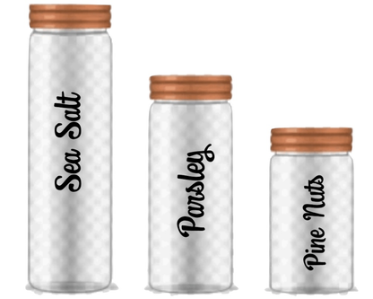 Custom vinyl decals for spice jars with "Sea Salt," "Parsley," and "Pine Nuts" labels in black font.