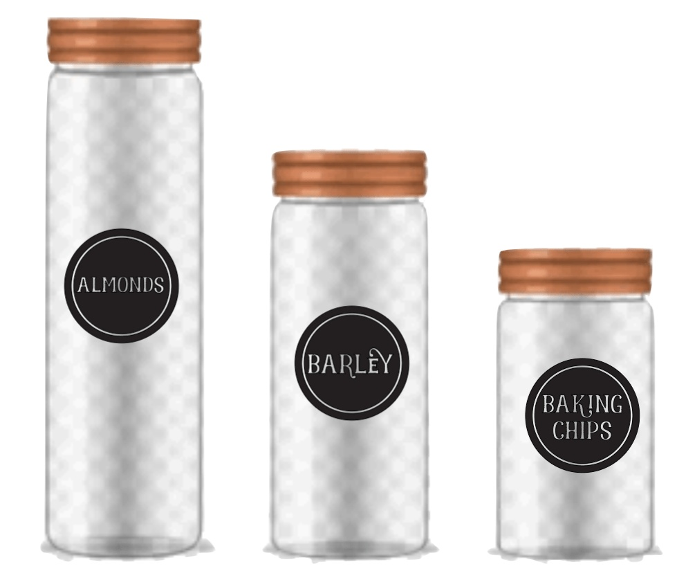 Custom round vinyl decals for pantry spice jars.