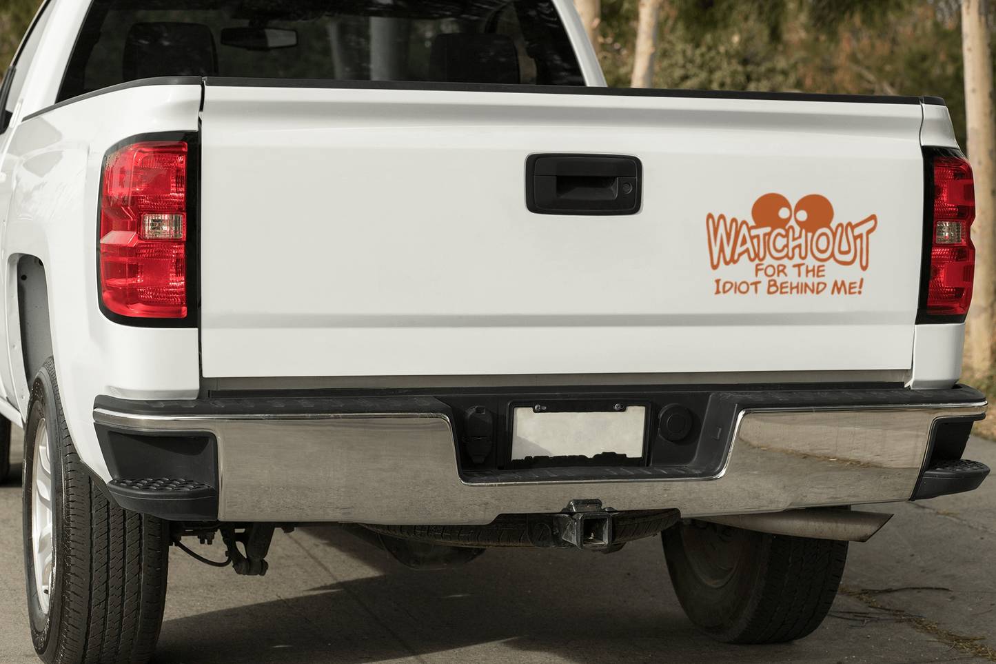 Car with "Watchout for the Idiot Behind Me" vinyl decal on back.