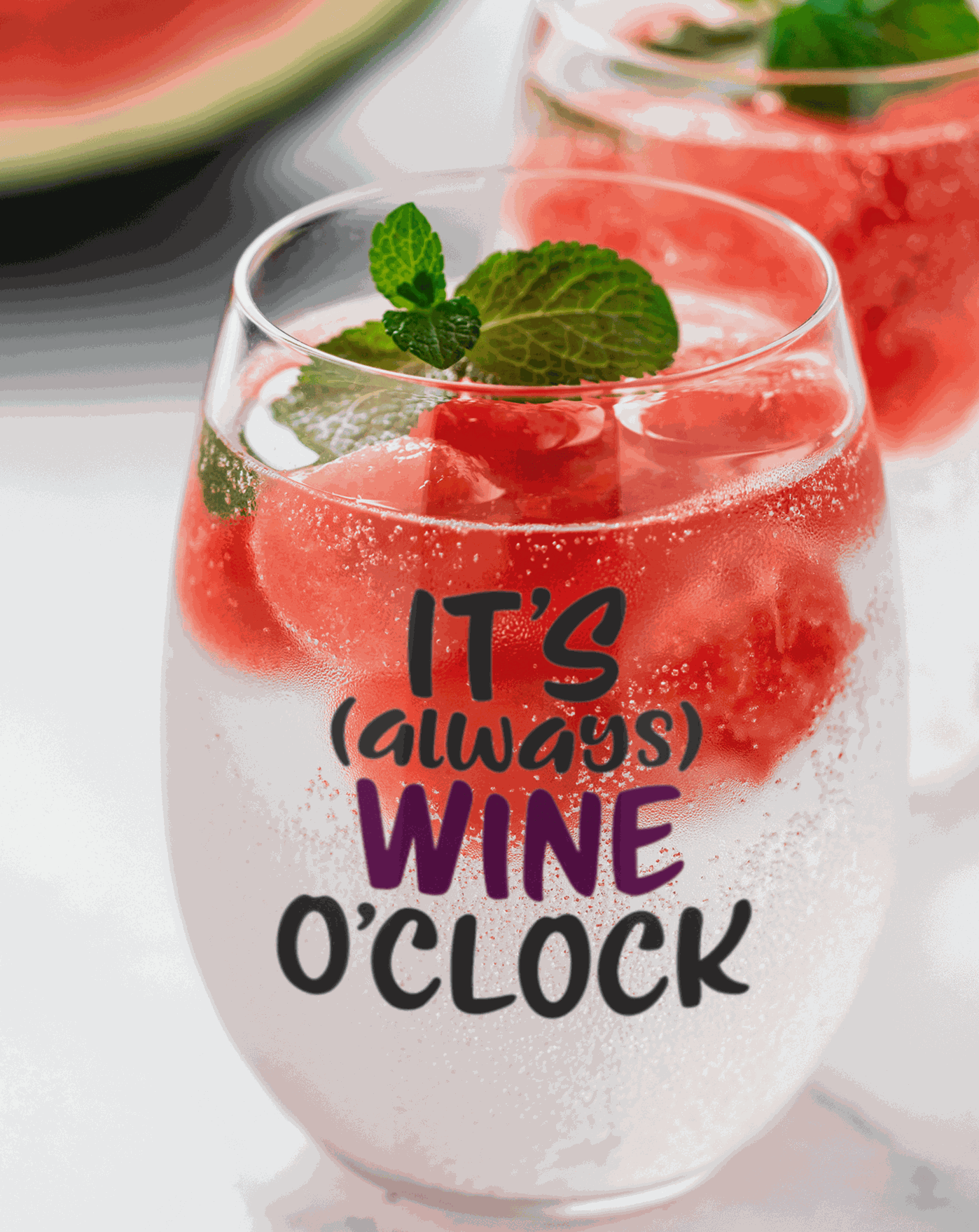 Stemless wine glass with "It's Always Wine O'Clock" lettering, perfect for gifting.