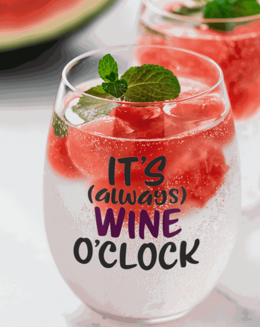 Stemless wine glass with "It's Always Wine O'Clock" lettering, perfect for gifting.