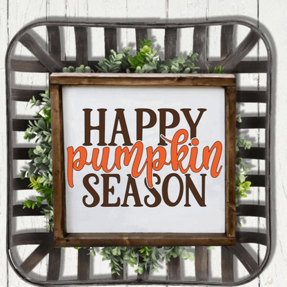 Handcrafted wood sign with "Happy Pumpkin Season" message, white background, black and orange lettering, rustic frame, ideal for fall decor.