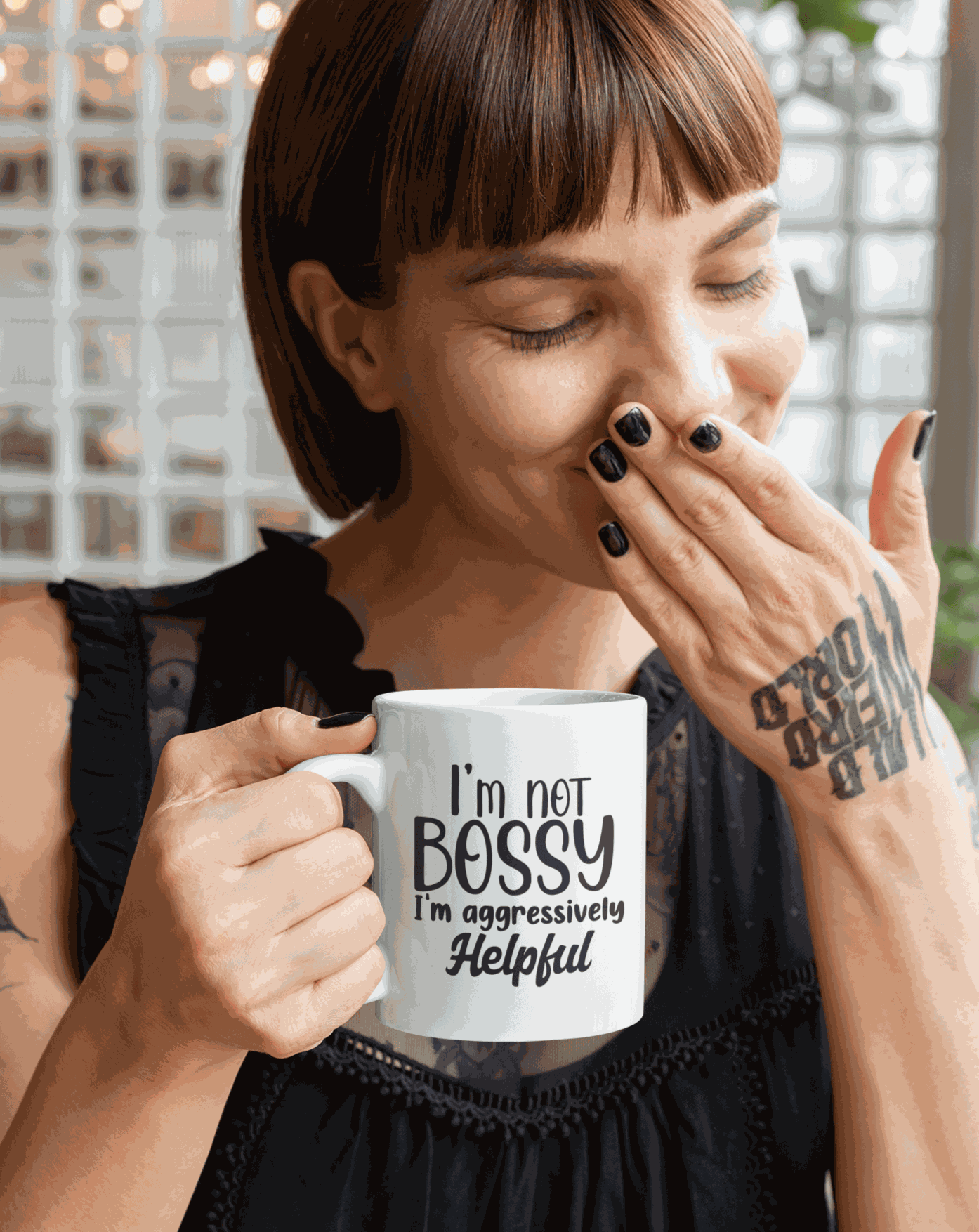 Ceramic mug with "I'm Not Bossy, I'm Aggressively Helpful" design, printed on both sides.