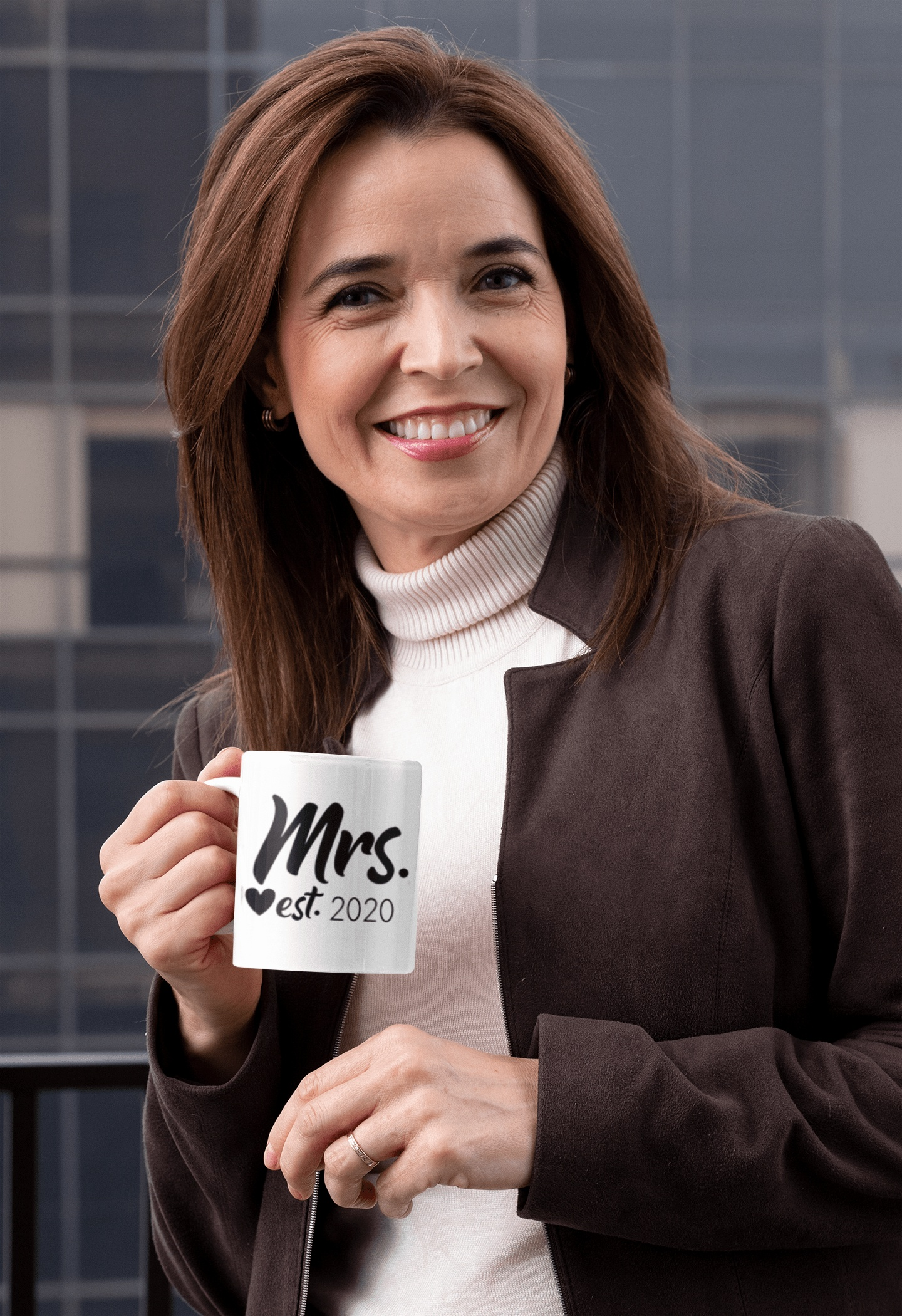 Woman holding "Mrs. Est. 2020" wedding gift mug, white and glossy, 15 oz, ceramic.