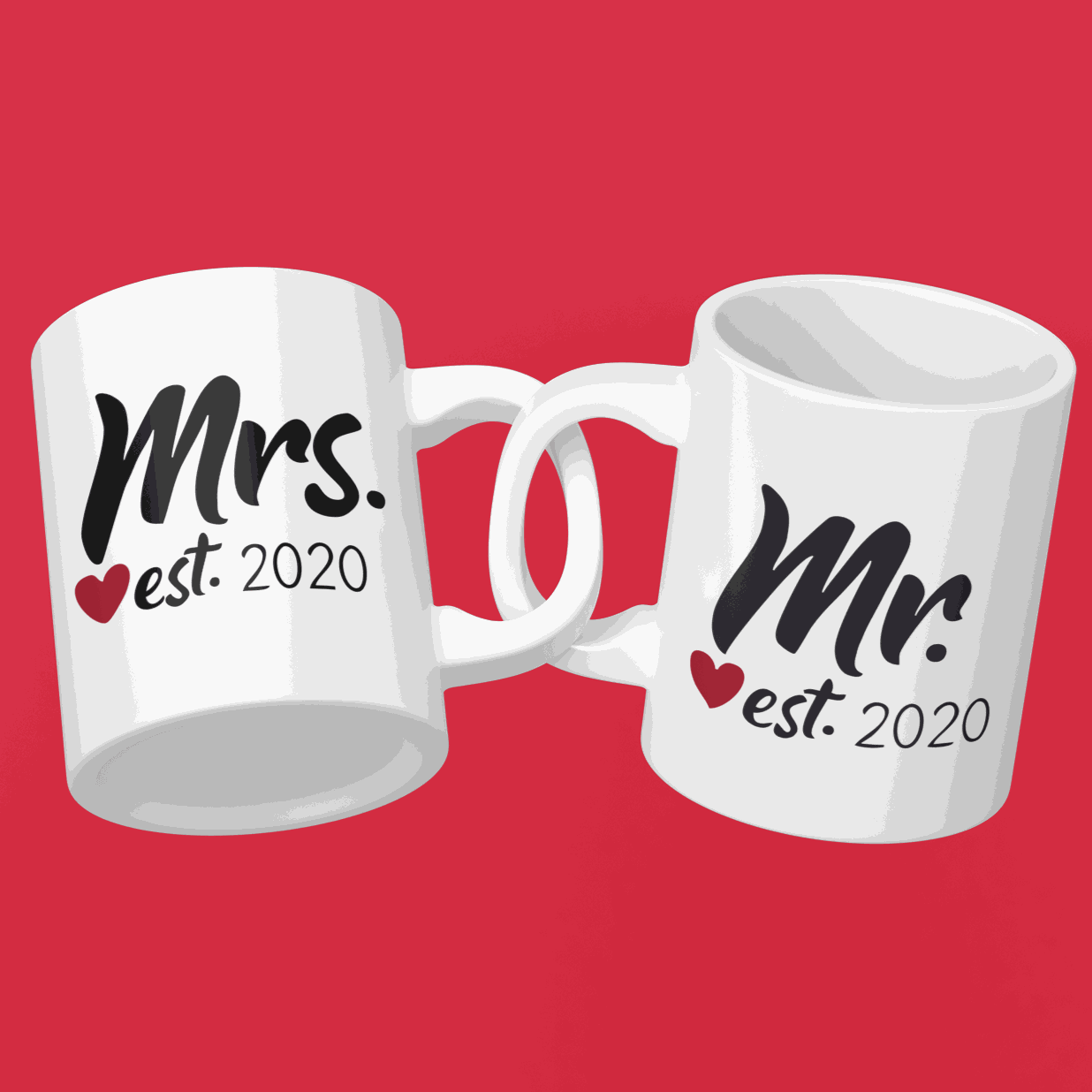 Mr. and Mrs. Est. 2020 ceramic mugs wedding gift set on red background.