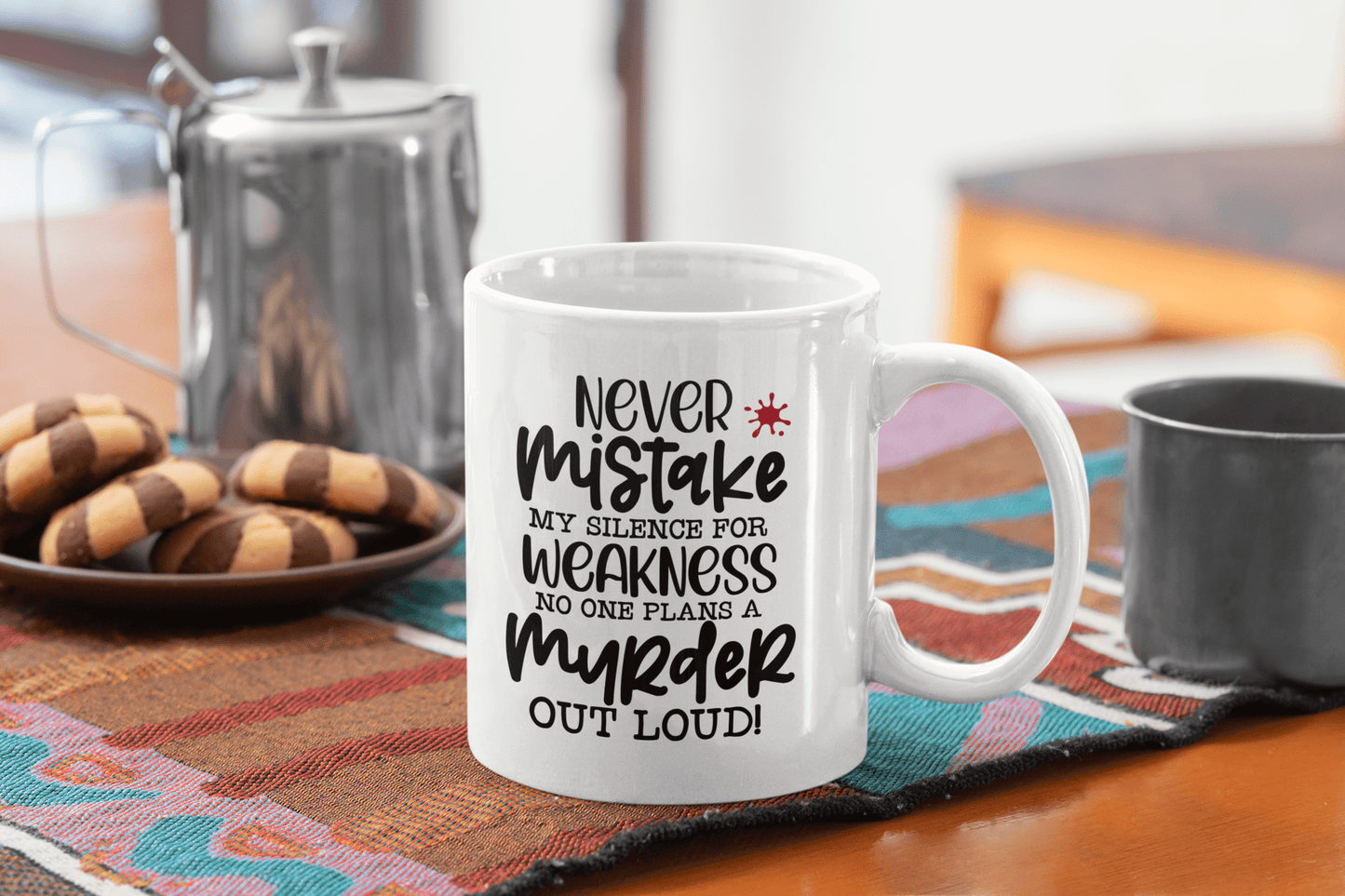 Ceramic coffee mug with humorous quote about silence and strength, perfect gift idea.