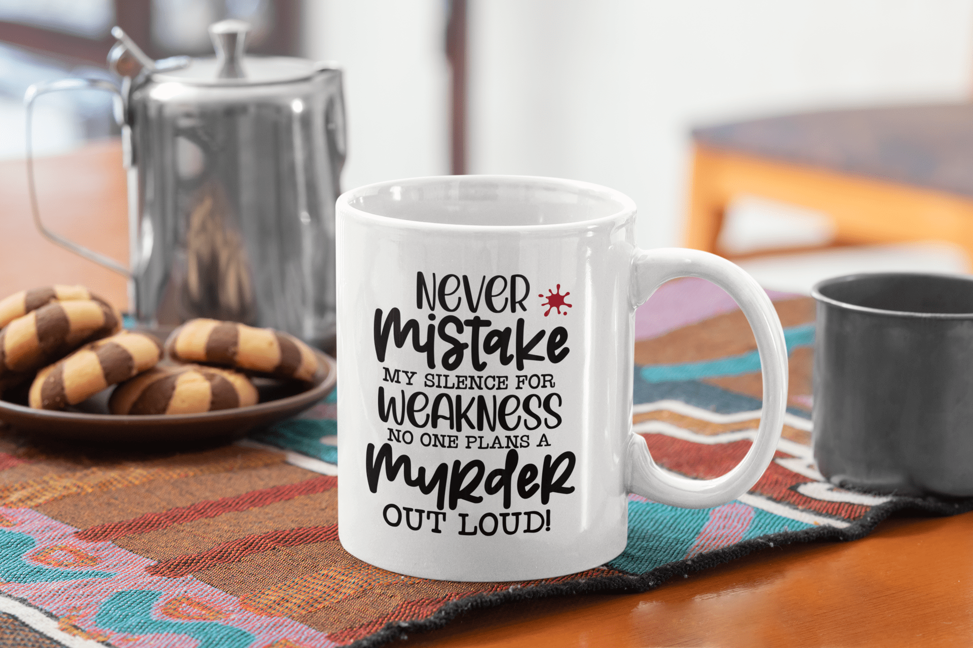 Ceramic coffee mug with humorous quote about silence and strength, perfect gift idea.