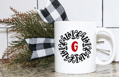 Personalized Christmas mug with initial "G" and FaLaLaLa design.