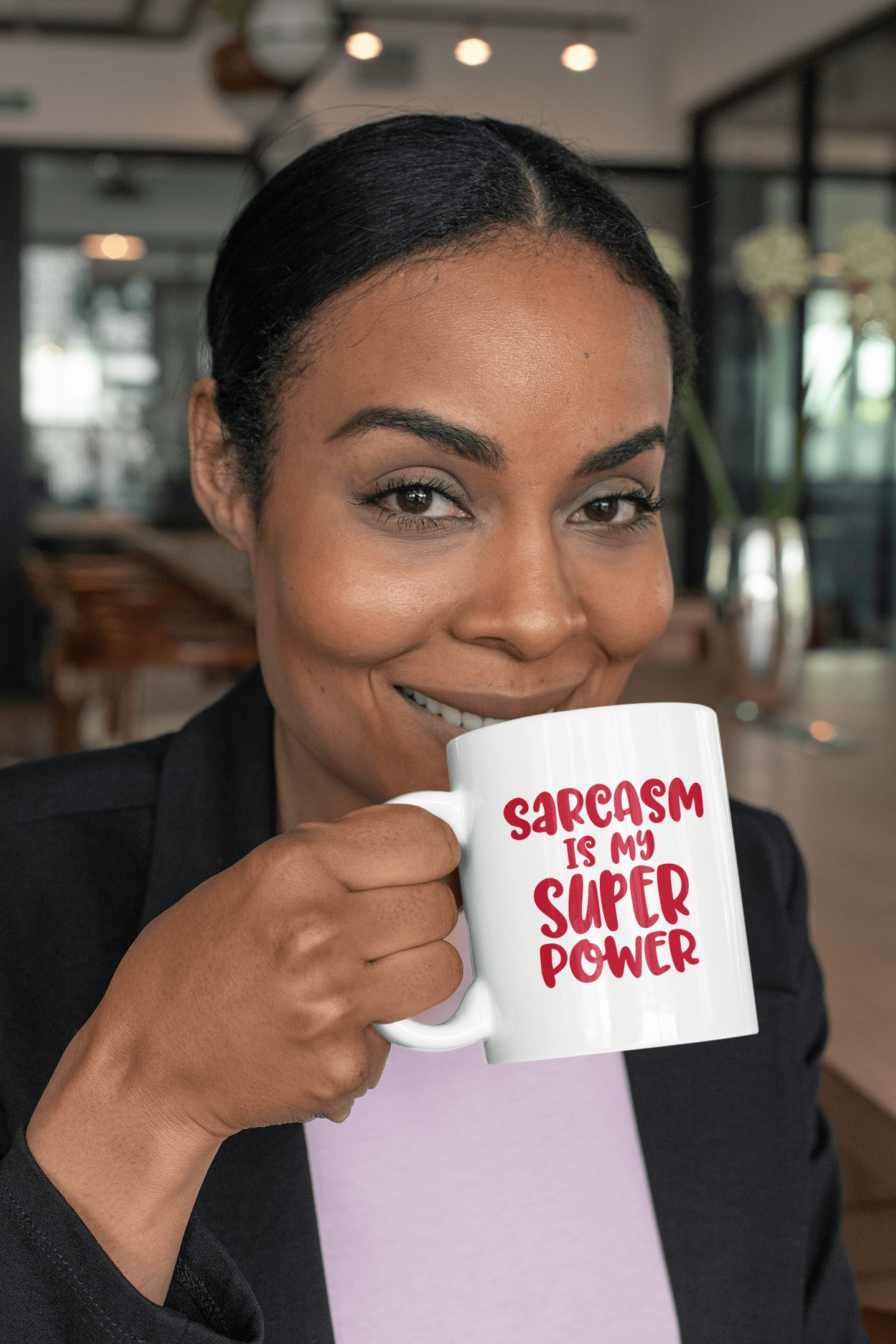 Humorous ceramic mug with "Sarcasm is my Super Power" design, 11 oz capacity.