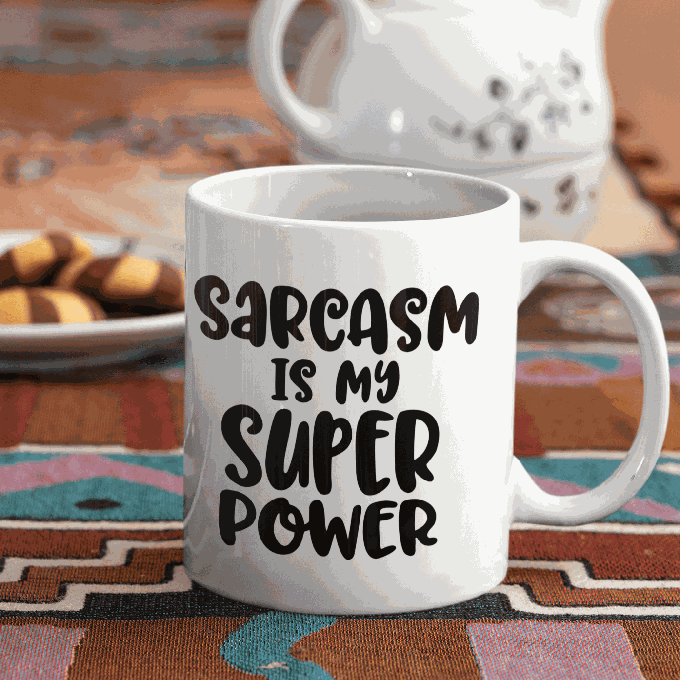 Humorous white ceramic mug with "Sarcasm is my Super Power" text, 11 oz capacity.
