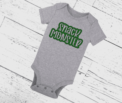 Unisex grey baby bodysuit with "Snack Monster" design in green.