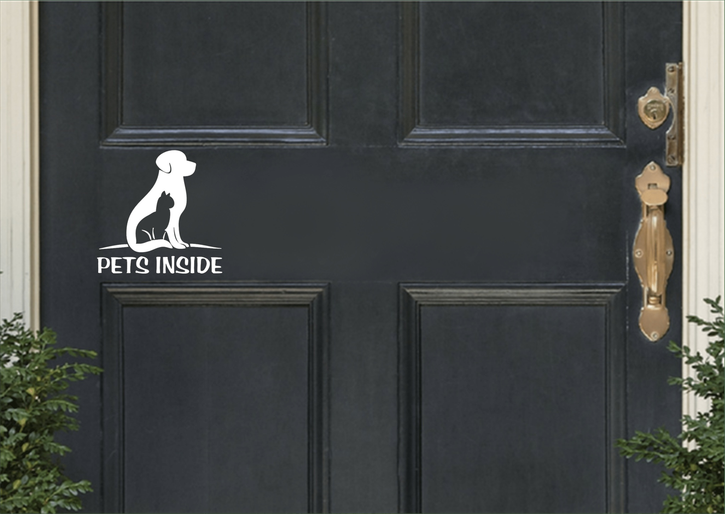 Vinyl pet emergency alert window decal on black door for first responders.