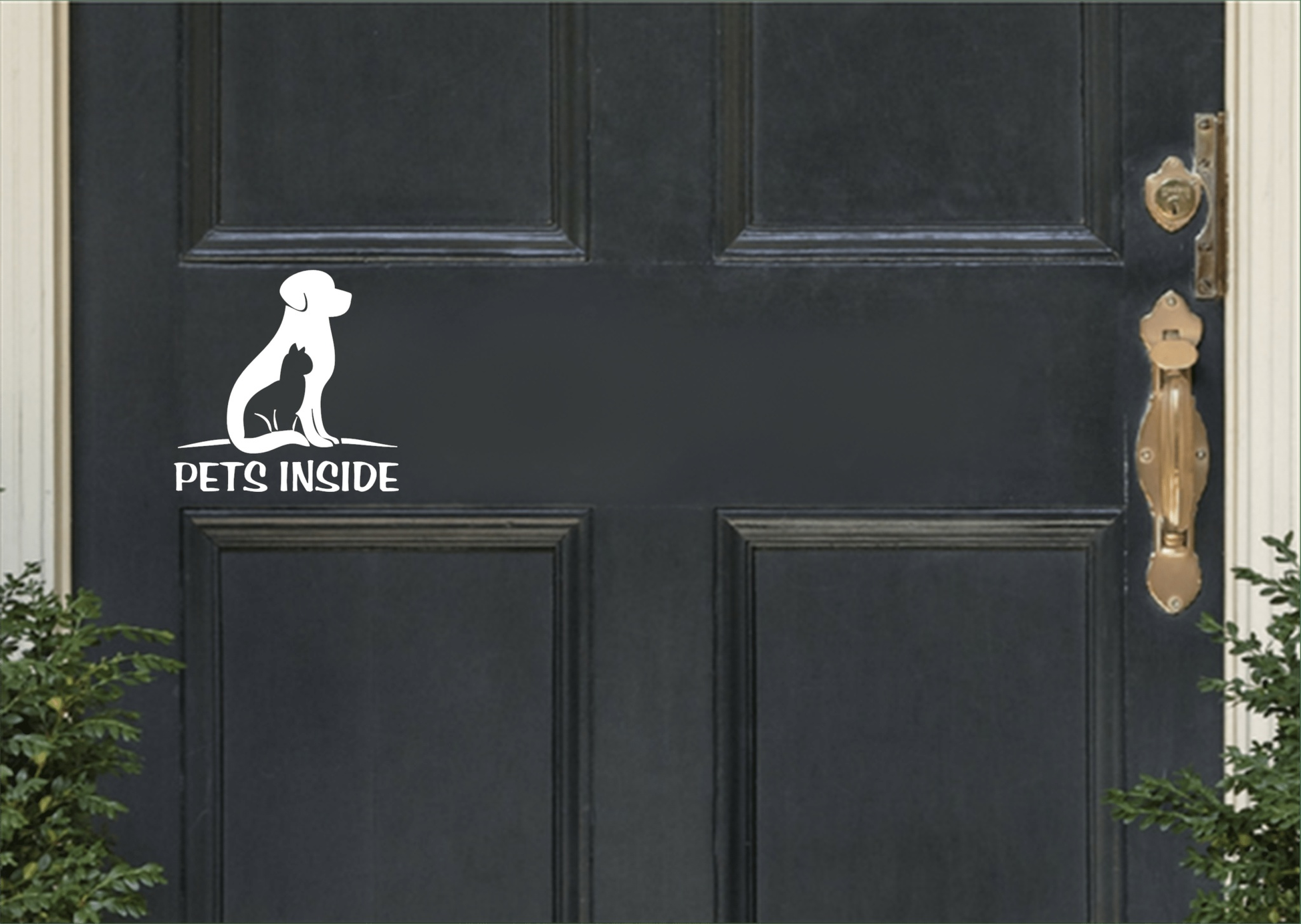 Vinyl pet emergency alert window decal on black door for first responders.