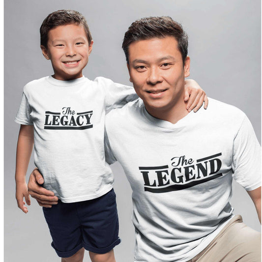 Father and son wearing matching "The Legend" and "The Legacy" shirts celebrating their bond