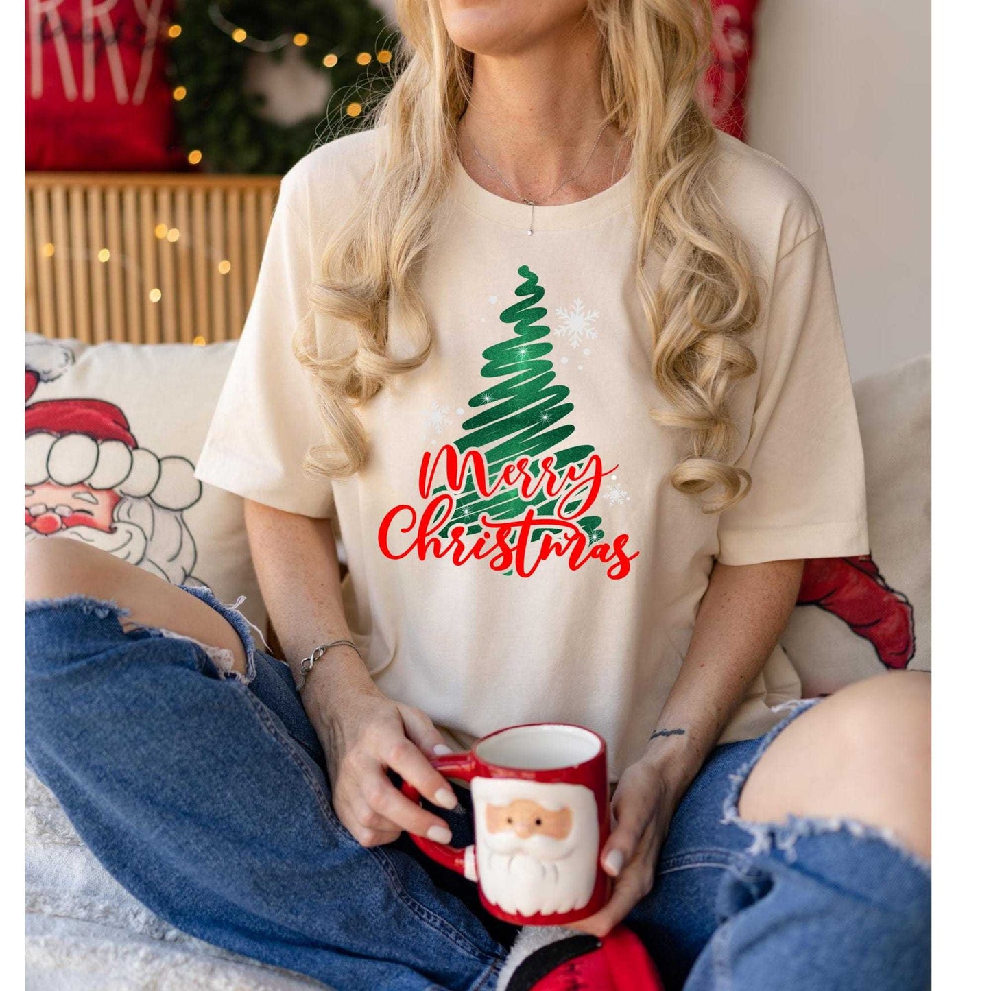 Merry Christmas glitter tree shirt with festive design and holiday-themed graphics.