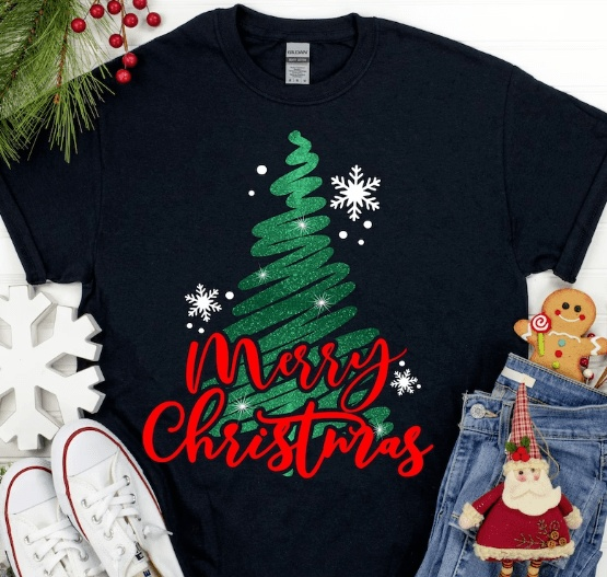 Merry Christmas glitter tree shirt with festive design and holiday decor.